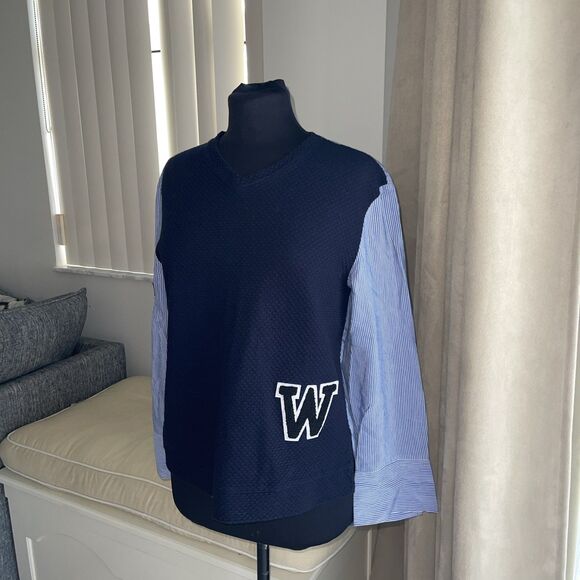 ZARA BLUE VARSITY LETTERMAN PATCH STRIPED TOP SWEATER Hi Low BLOUSE  S - Picture 2 of 7